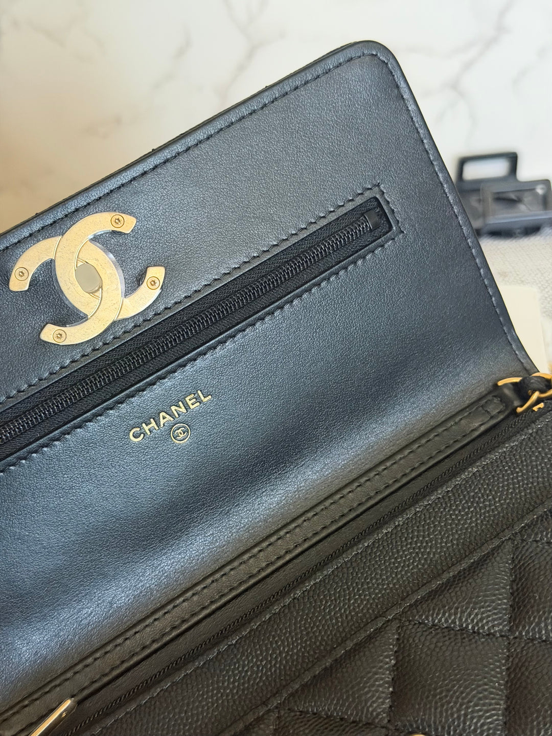 CHANEL Camellia Turnlock Black Lambskin Brushed GHW Classic Wallet on Chain (WOC) microchip 2023