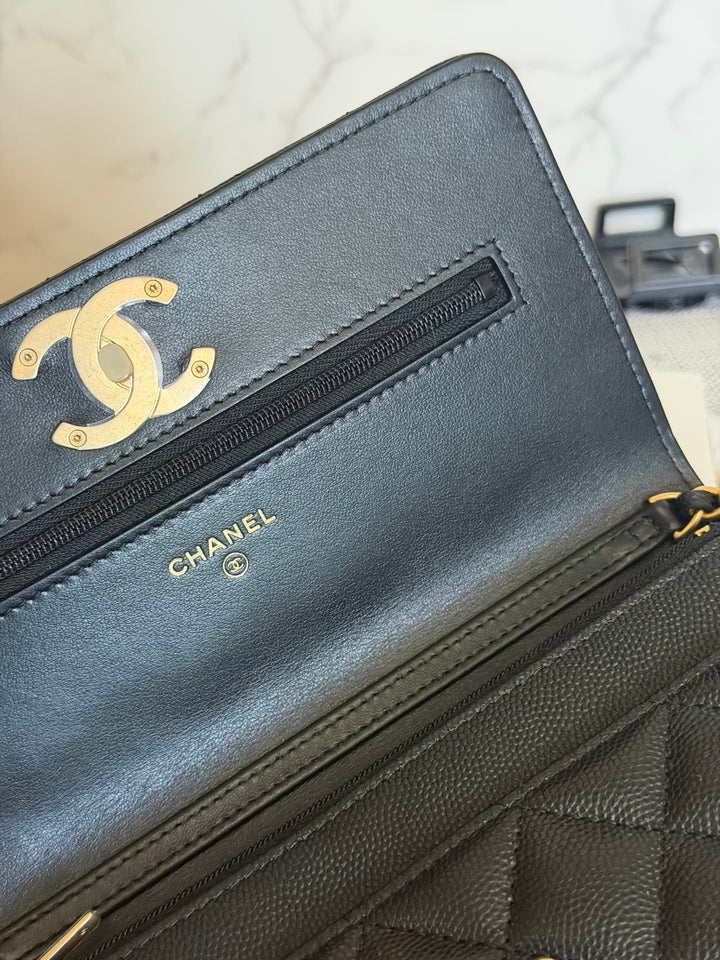 CHANEL Camellia Turnlock Black Lambskin Brushed GHW Classic Wallet on Chain (WOC) microchip 2023