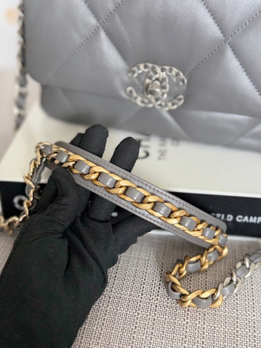 CHANEL Dark Grey Lambskin 19 Size SMALL/MEDIUM Mixed HW Flap Bag 2022 Microchipped