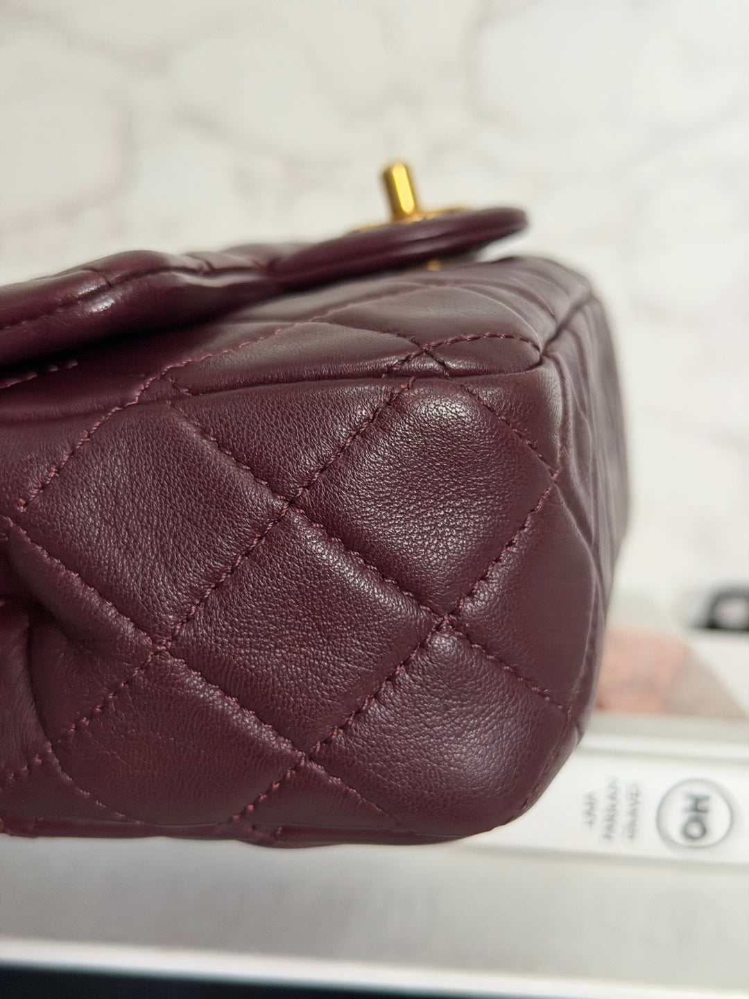 CHANEL 21B Burgundy Lambskin Aged GHW Pearl Crush Adjustable Chain Mini rectangular flap Bag 2021