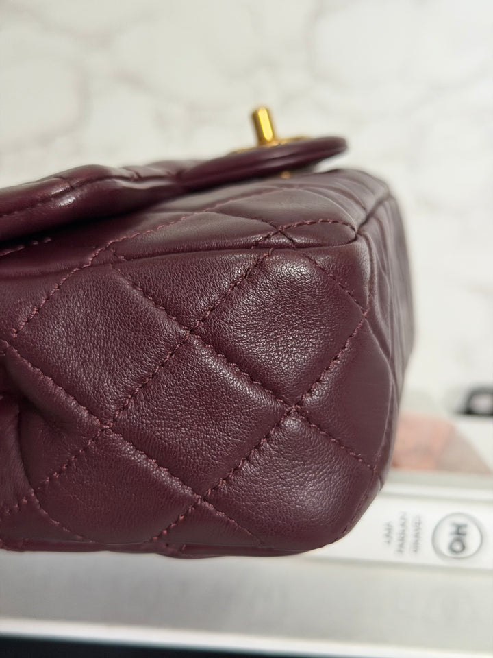 CHANEL 21B Burgundy Lambskin Aged GHW Pearl Crush Adjustable Chain Mini rectangular flap Bag 2021