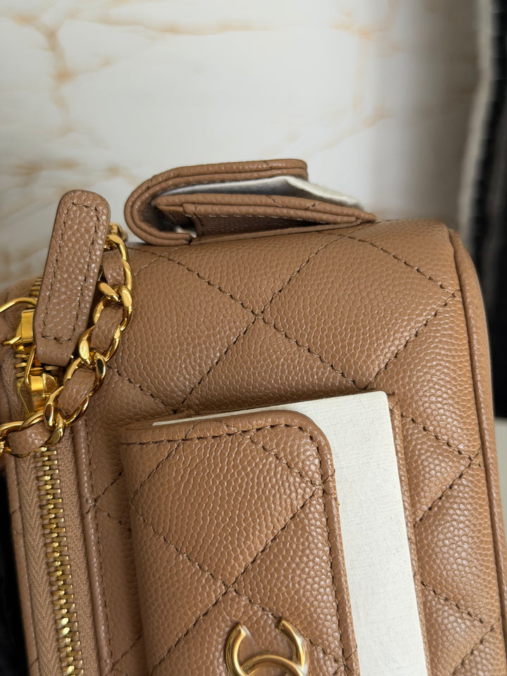 CHANEL Dark Beige Caviar Quilted Polly Pockets Cargo Small Vanity Case with Aged GHW 2023