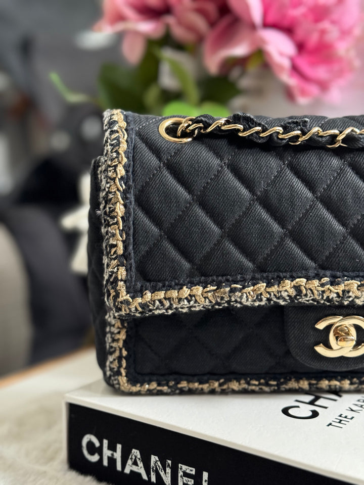 Chanel series 26 Black Denim LGHW Braided in Gold/White/Black Medium Flap Bag