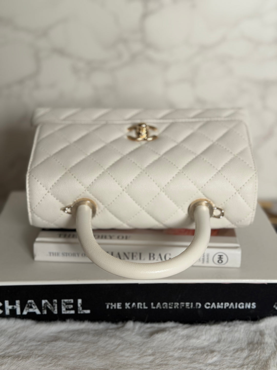 CHANEL White Caviar LGHW Coco Handle Flap Bag Size SMALL with detachable Strap Microchipped