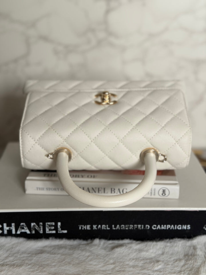 CHANEL White Caviar LGHW Coco Handle Flap Bag Size SMALL with detachable Strap Microchipped