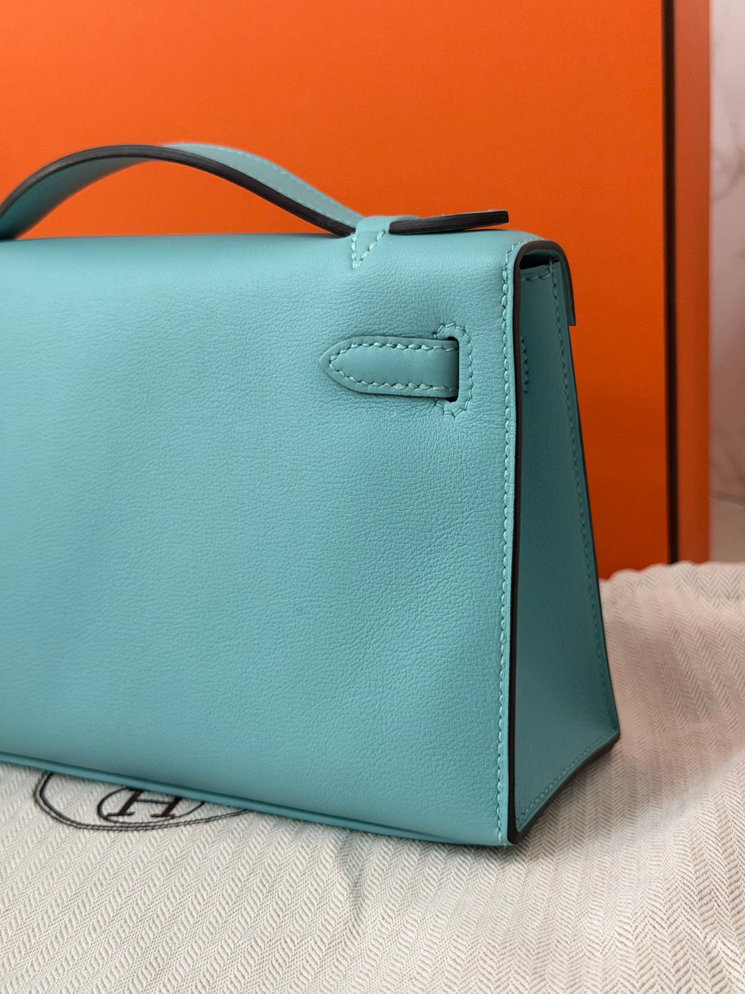 Hermès Kelly Pochette Swift Leather in Bleu Atoll 3P PHW Palladium Hardware Stamp T