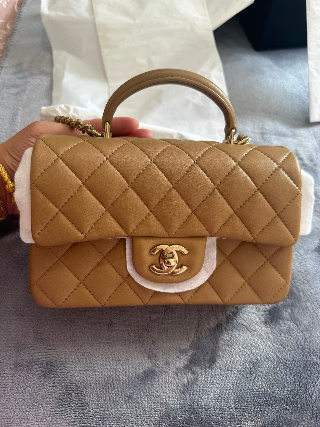 CHANEL Dark Beige LGHW Top Handle Mini Rectangular Flap Bag