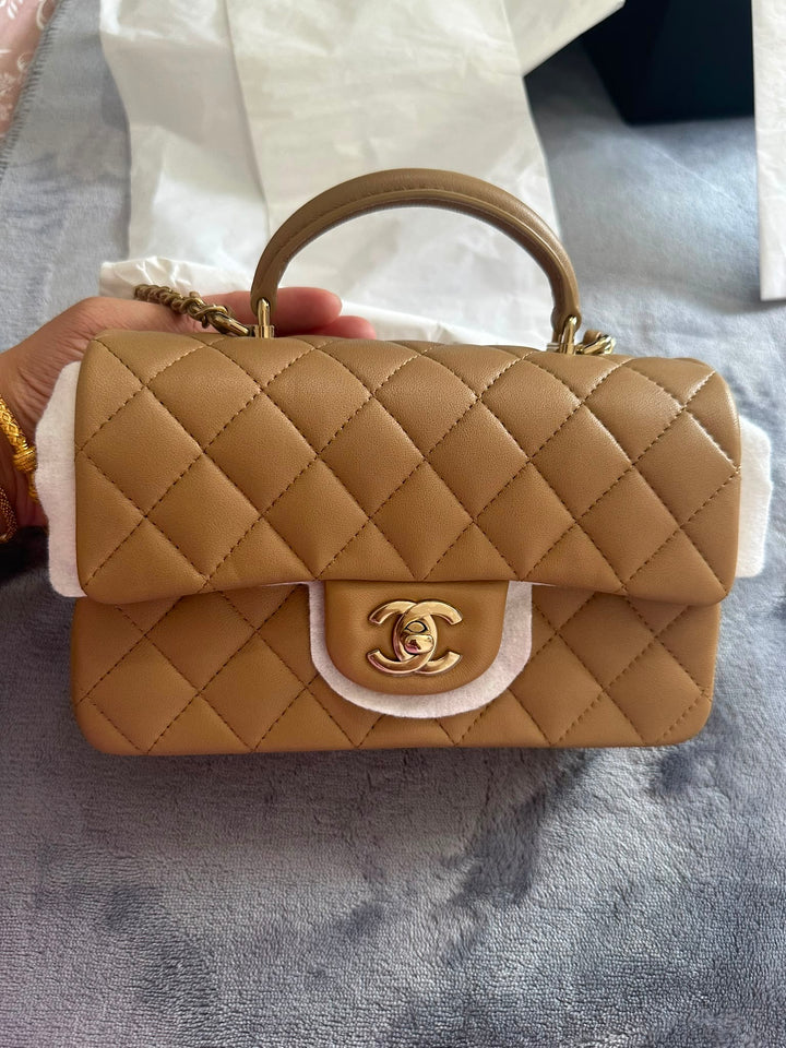 CHANEL Dark Beige LGHW Top Handle Mini Rectangular Flap Bag