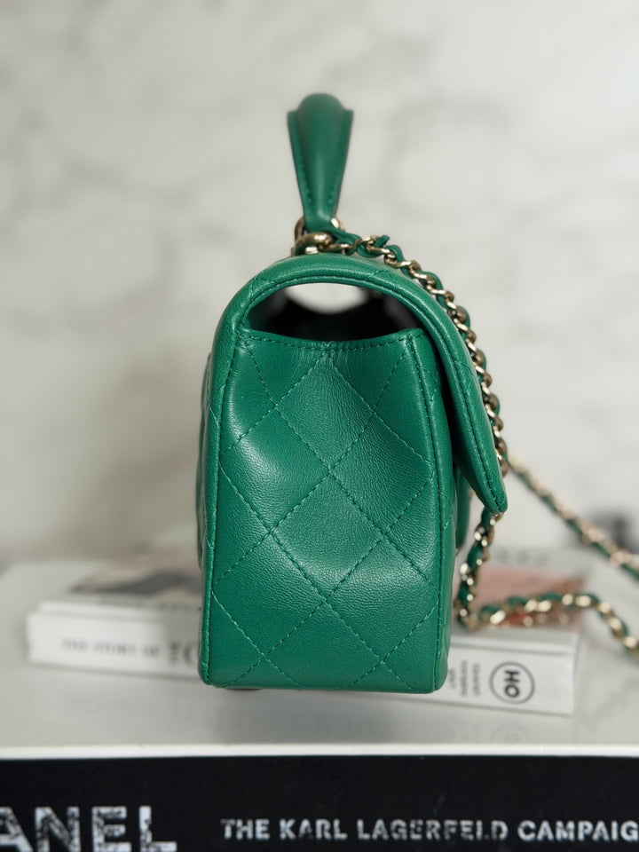 CHANEL Green Lambskin LGHW Mini Rectangular Flap Bag with Top Handle 2022 22A collection