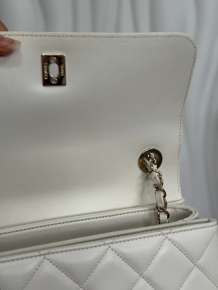 CHANEL 23S collection 2023 White Lambskin LGHW Trendy CC Flap Bag size Small with raised CHANEL Engraved Plate Top Handle