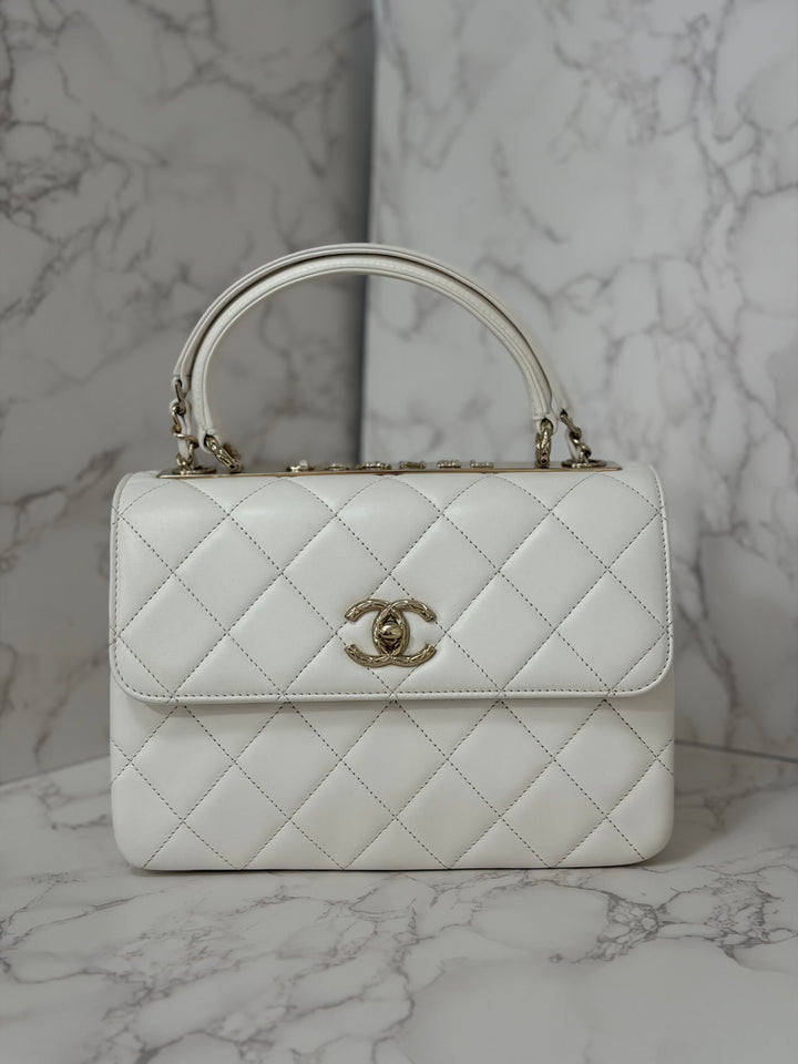 CHANEL 23S collection 2023 White Lambskin LGHW Trendy CC Flap Bag size Small with raised CHANEL Engraved Plate Top Handle