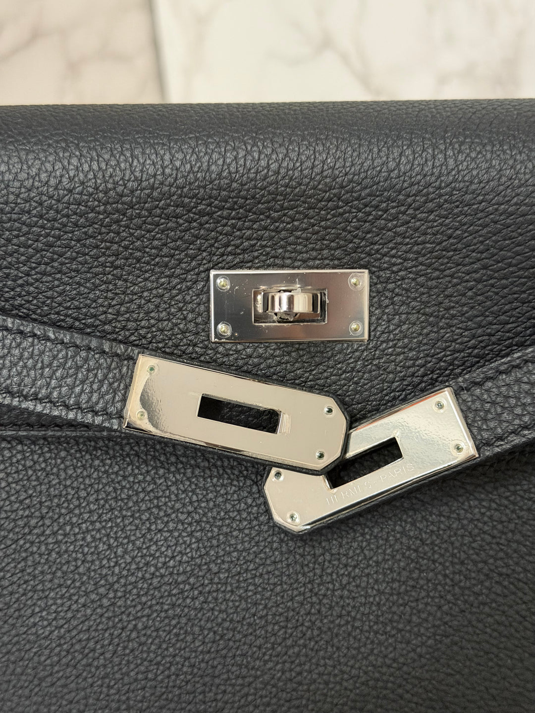 HERMES Noir Black Togo Leather with Palladium Hardware Kelly 28 Retourne Bag Stamp R 2014