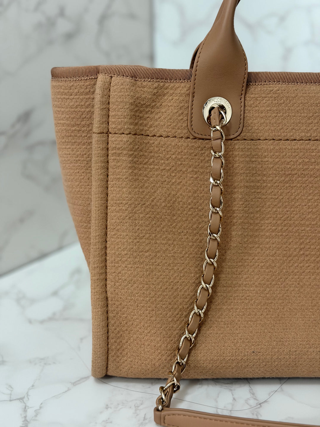 CHANEL 24P collection 2024 Beige Tweed Deauville Tote size Small with top handle LGHW and pouch