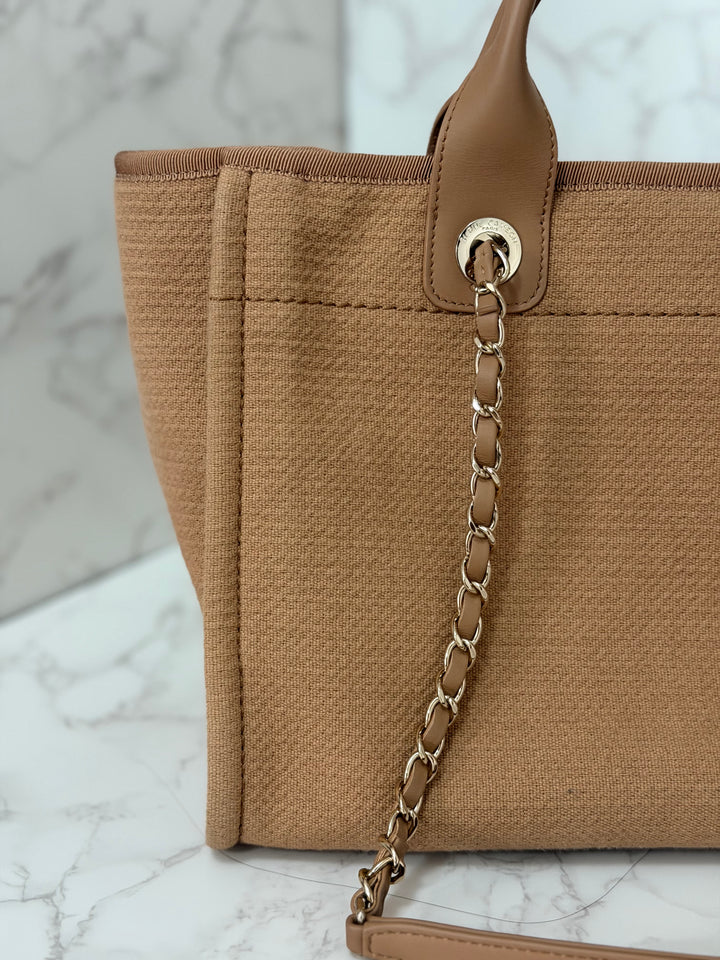 CHANEL 24P collection 2024 Beige Tweed Deauville Tote size Small with top handle LGHW and pouch