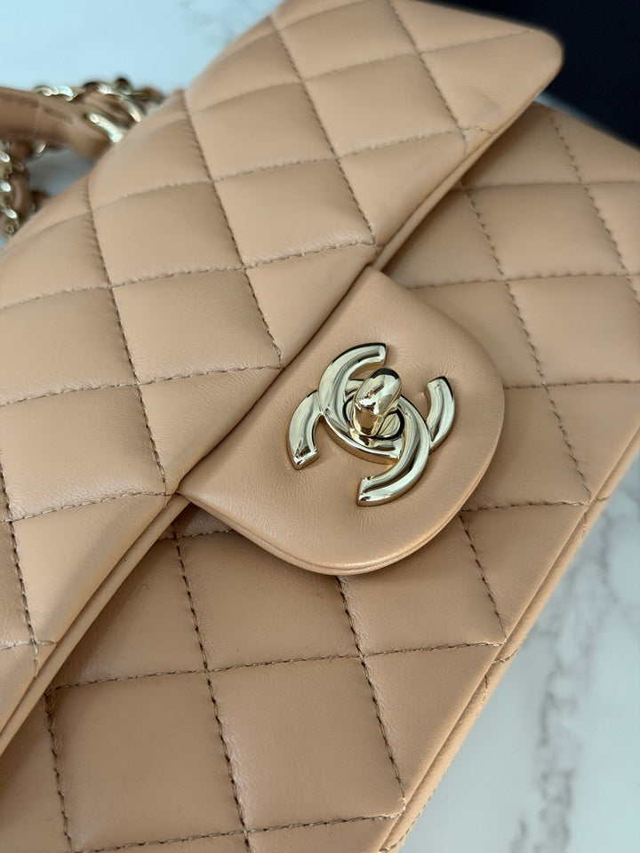 CHANEL 23K 2023 Dark Beige NR649 Lambskin LGHW Mini Rectangular Flap Bag with Top Handle