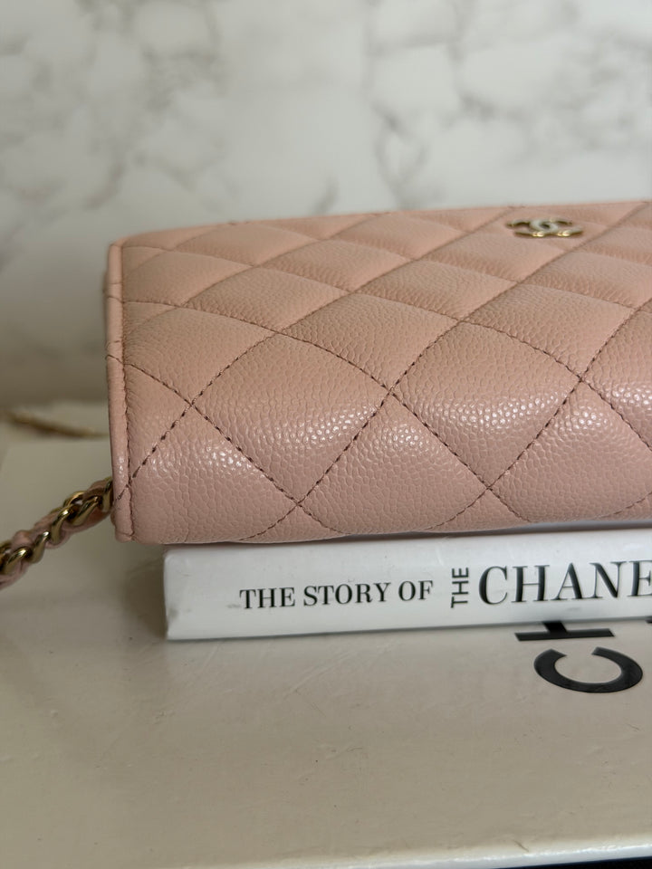 CHANEL Light pink/Nude pink caviar LGHW Classic Wallet on chain (WOC) 2024