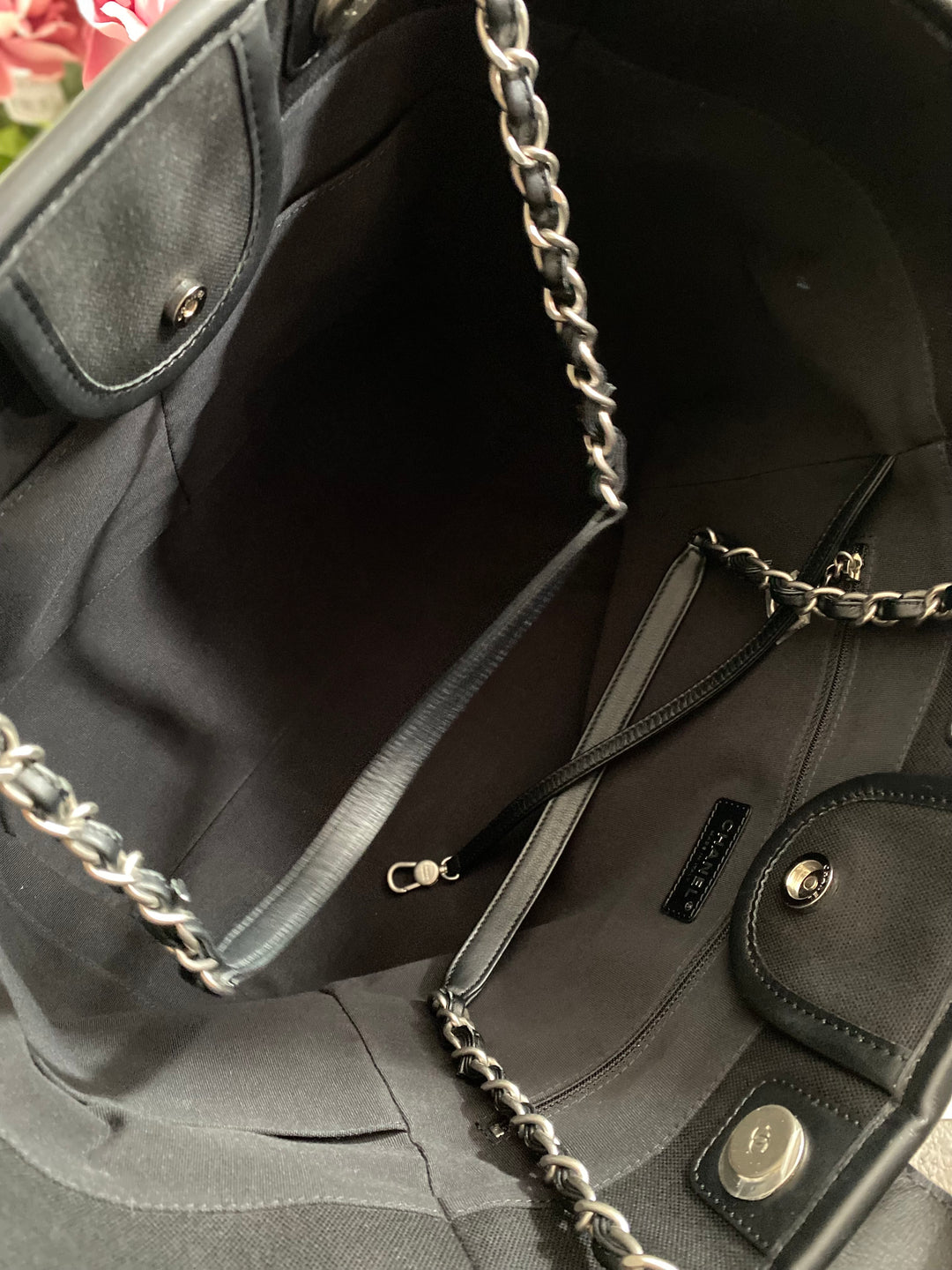 Chanel 23P 2023 collection in Black/White Stripe Canvas Deauville Tote with Top Handle and detachable pouch size Medium (15 inches)