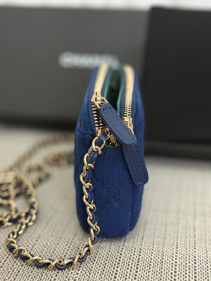 CHANEL series 28 Blue Jersey With Green Fabric Lining O Diver Wallet on Chain Phone Holder LGHW