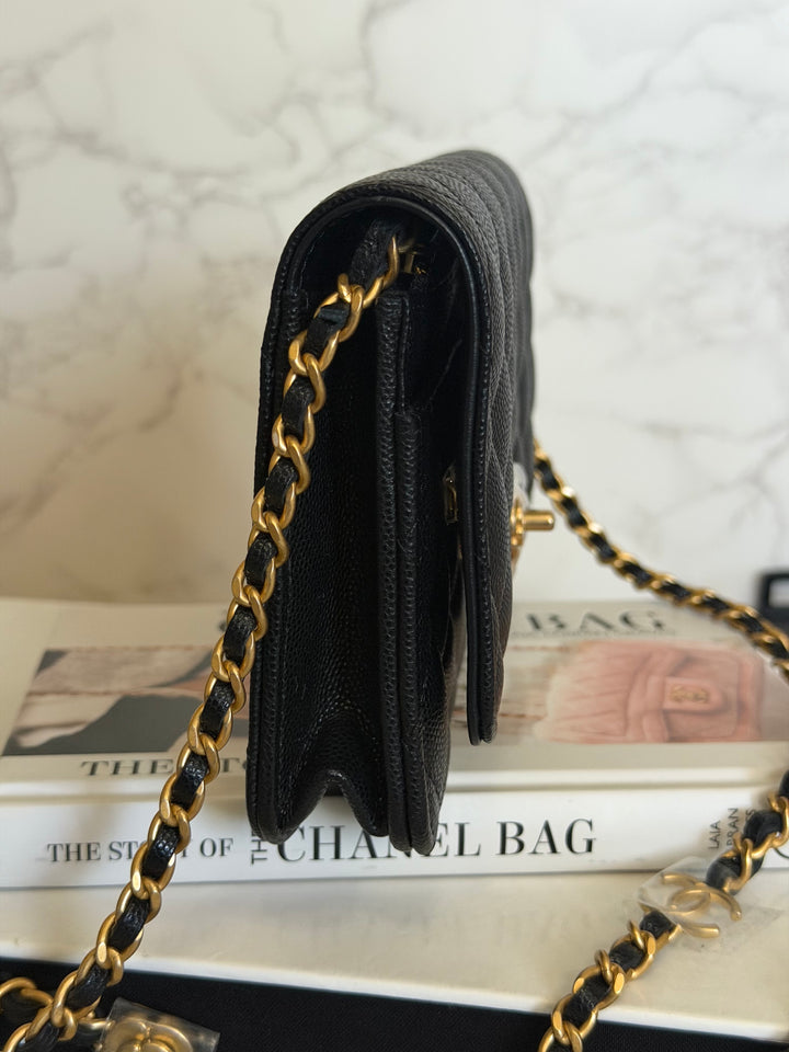 CHANEL Camellia Turnlock Black Lambskin Brushed GHW Classic Wallet on Chain (WOC) microchip 2023