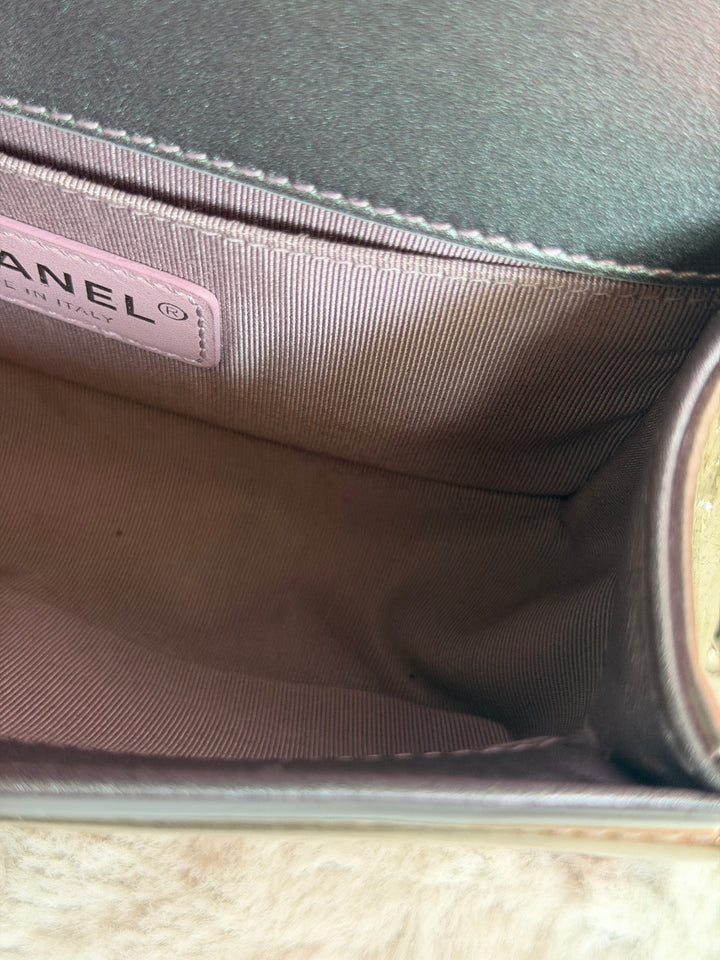 CHANEL 18S Iridescent Patent Calf Skin Purple Blue Mermaid Le Boy Flap Bag size Small