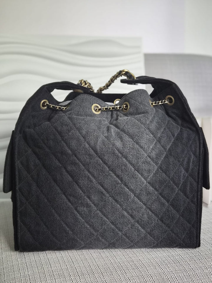 CHANEL Black Denim Medium 25 Hobo Bag with Detachable Pouch Aged GHW