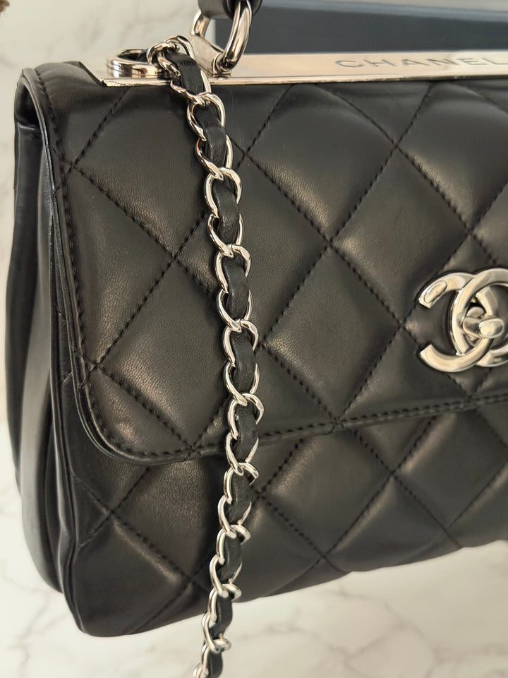 CHANEL series 24 Black Lambskin Silver HW Trendy CC Top Handle Flap Bag with Top Handle and detachable chain