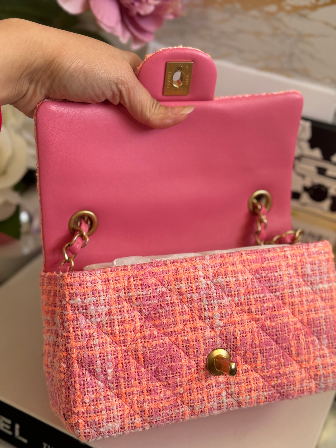 Chanel 24C 2024 Cruise Collection Tweed Pink Orange White Mini Rectangular Flap Bag with Aged GHW