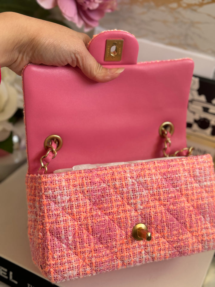 Chanel 24C 2024 Cruise Collection Tweed Pink Orange White Mini Rectangular Flap Bag with Aged GHW