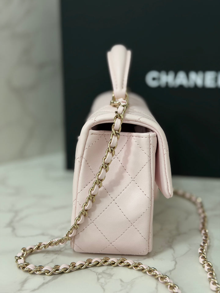 CHANEL 22P 2022 Sakura Light Pink Lambskin LGHW Mini Rectangular Flap Bag with Top Handle