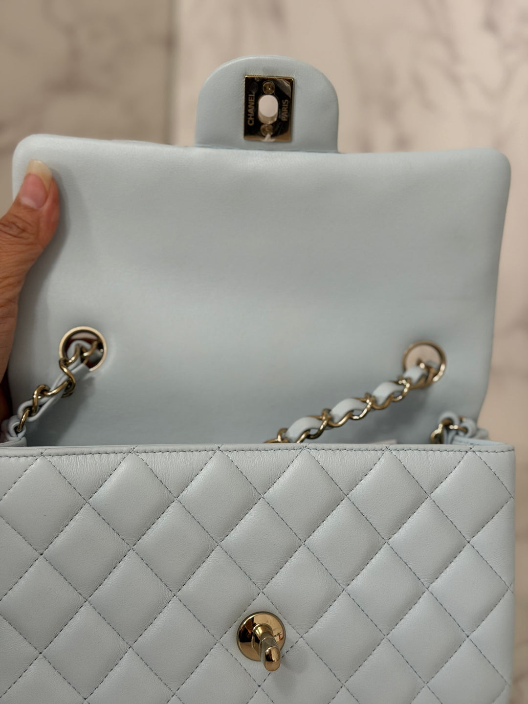 CHANEL 25S collection 2025 Light Baby Blue Lambskin LGHW Mini Rectangular Flap Bag