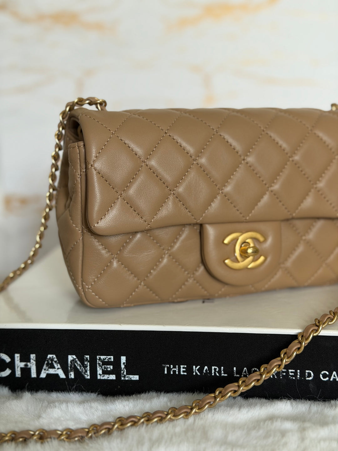 CHANEL 22B Taupe Dark Beige Lambskin Aged GHW Pearl Crush Adjustable Chain Mini Rectangular Flap Bag 2022
