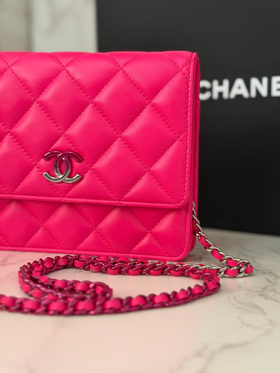 CHANEL 24C 2023/2024 Bright Hot Pink Ombré Hardware Square Wallet on Chain (WOC)