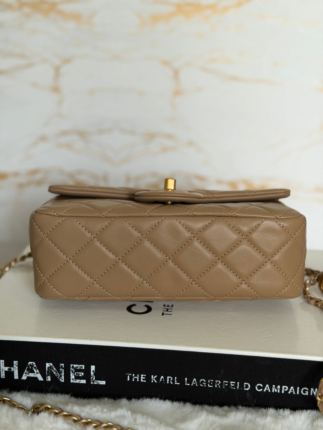 CHANEL 22B Taupe Dark Beige Lambskin Aged GHW Pearl Crush Adjustable Chain Mini Rectangular Flap Bag 2022