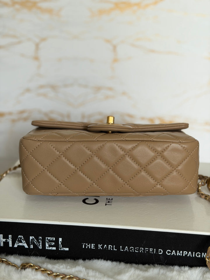 CHANEL 22B Taupe Dark Beige Lambskin Aged GHW Pearl Crush Adjustable Chain Mini Rectangular Flap Bag 2022