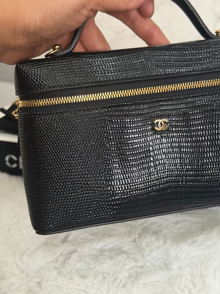 CHANEL Black Lizard Embossed Calf Skin GHW LP Long Vanity with top handle 26A 2026