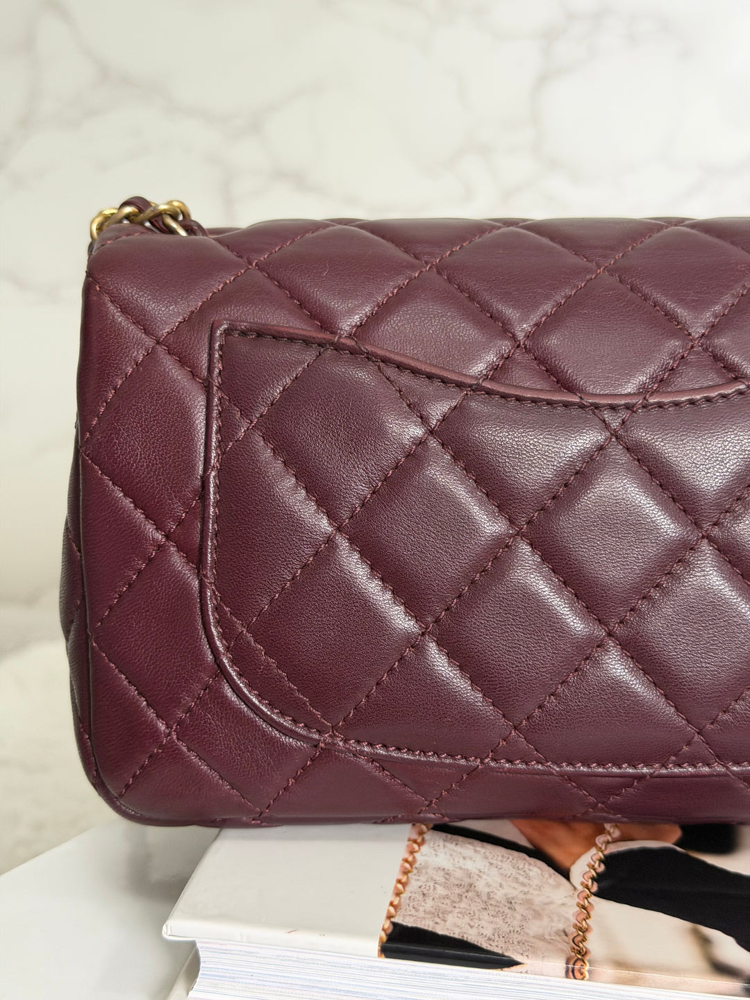 CHANEL 21B Burgundy Lambskin Aged GHW Pearl Crush Adjustable Chain Mini rectangular flap Bag 2021