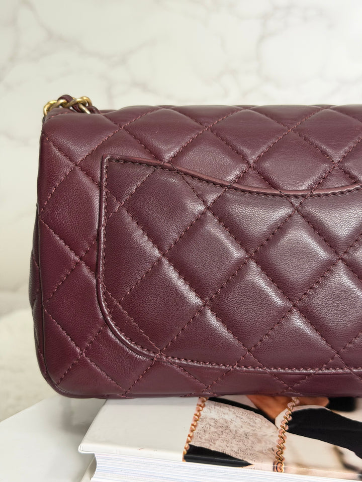 CHANEL 21B Burgundy Lambskin Aged GHW Pearl Crush Adjustable Chain Mini rectangular flap Bag 2021