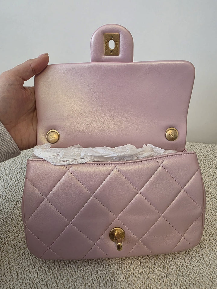 CHANEL 23S Adjustable Pearl Mini (8.25 inches) Rectangular Flap Bag with Pink Lambskin Aged GHW