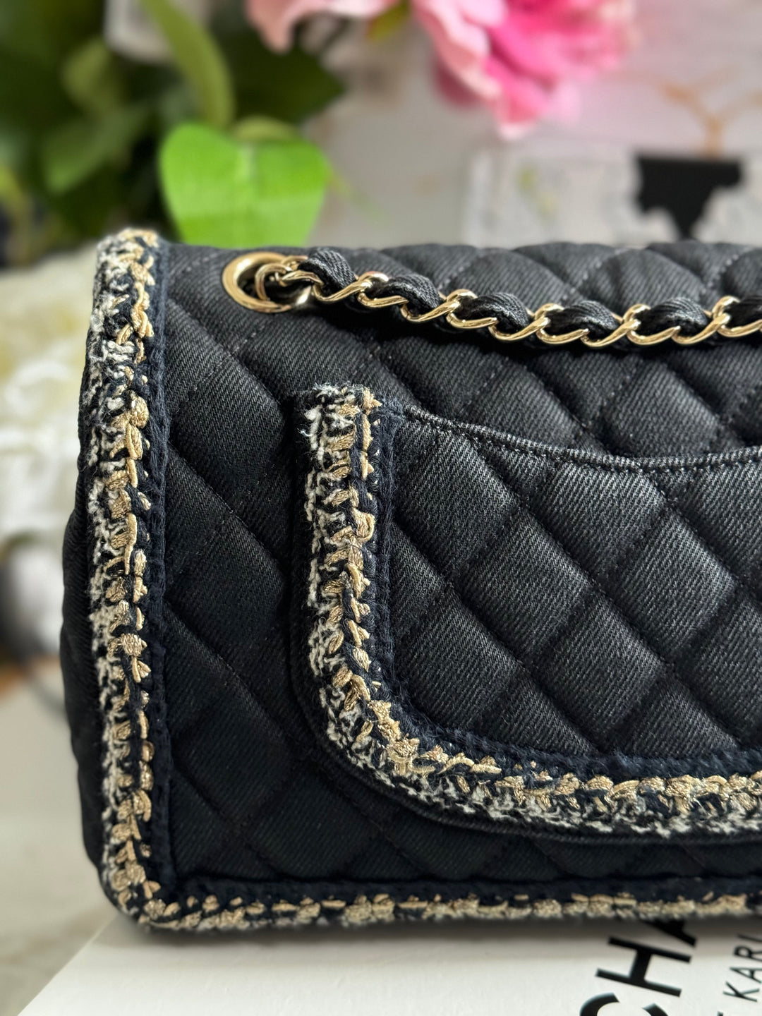 Chanel series 26 Black Denim LGHW Braided in Gold/White/Black Medium Flap Bag