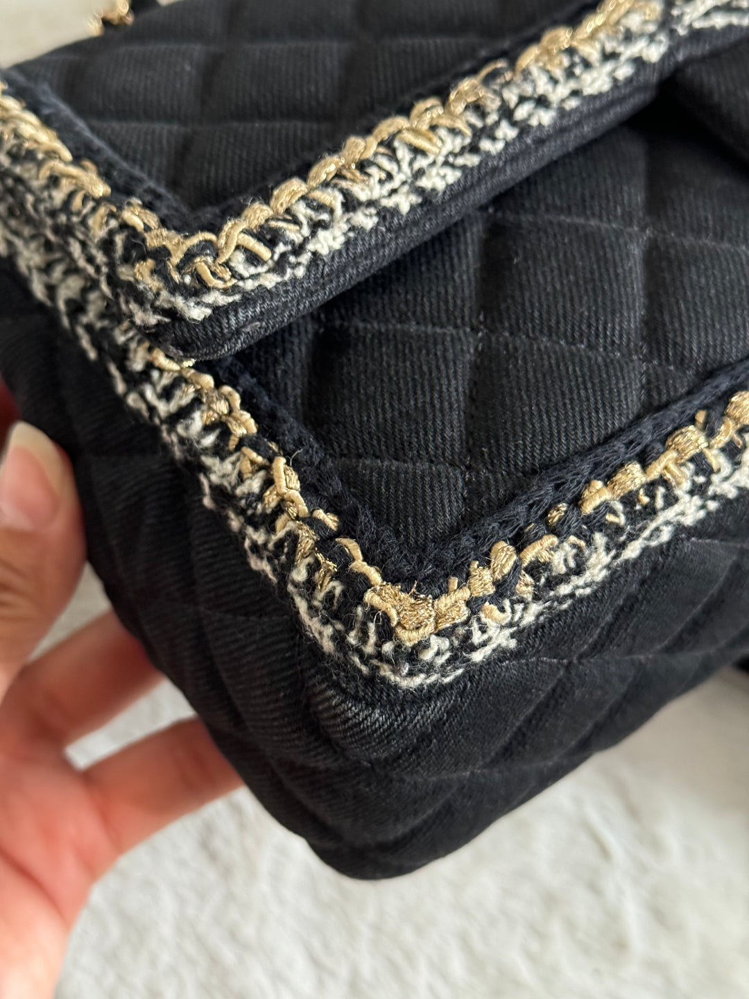 Chanel series 26 Black Denim LGHW Braided in Gold/White/Black Medium Flap Bag