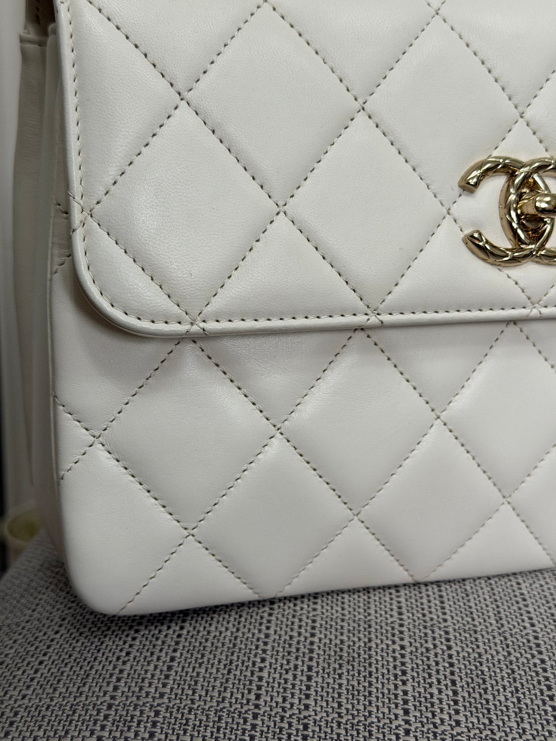 CHANEL 23S collection 2023 White Lambskin LGHW Trendy CC Flap Bag size Small with raised CHANEL Engraved Plate Top Handle