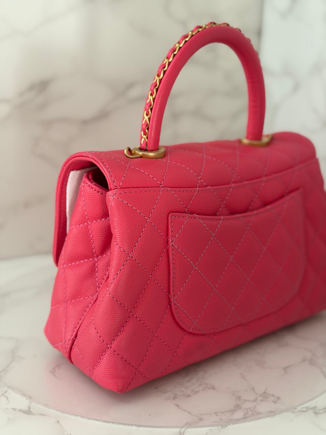 Chanel 23P Collection 2023 Dark Pink Caviar Aged GHW Coco Handle with Detachable Strap and enchained handle size Small