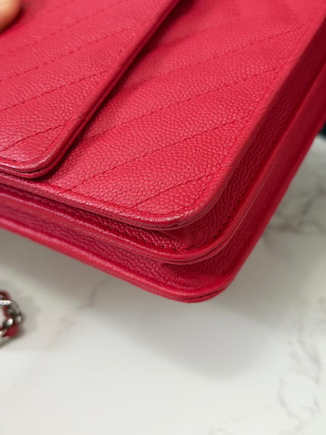 CHANEL series 25 2018 Dark pink chevron caviar SHW Square Wallet On Chain (WOC)