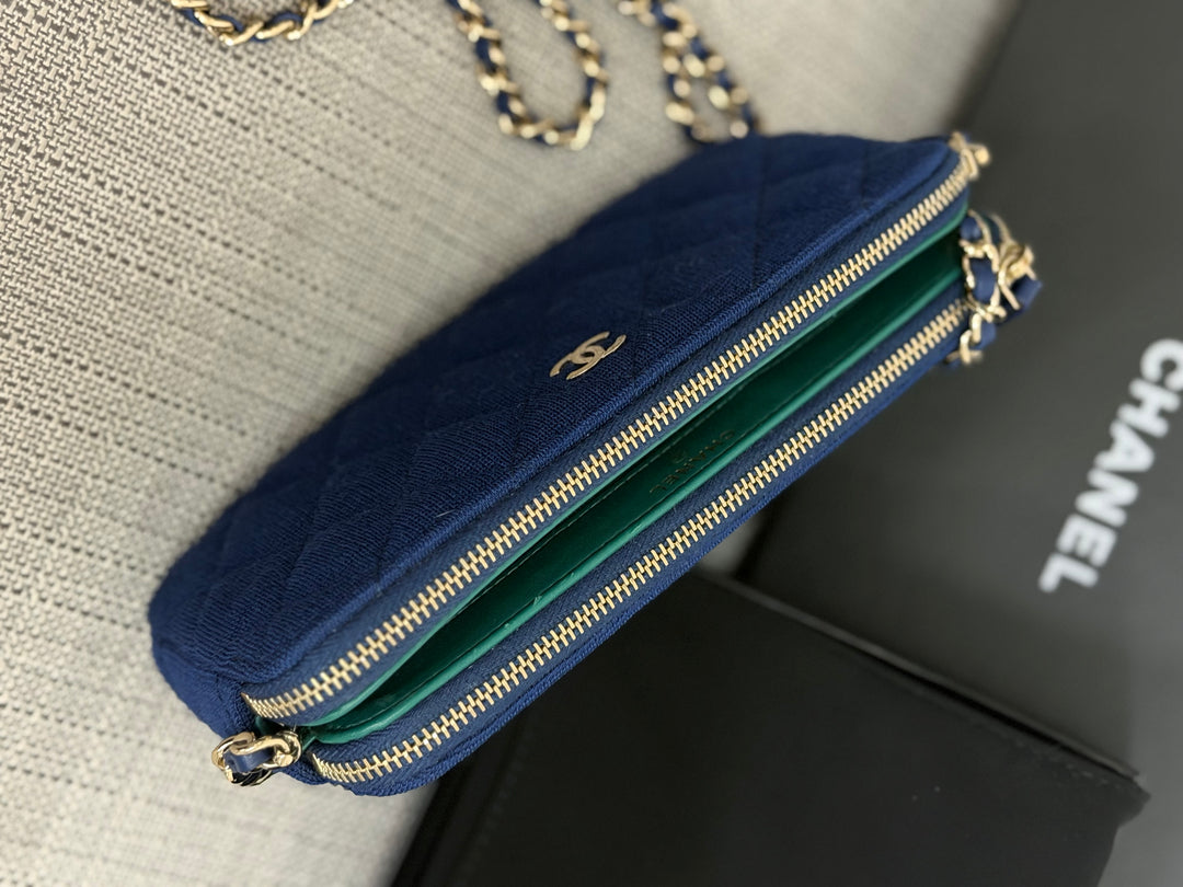 CHANEL series 28 Blue Jersey With Green Fabric Lining O Diver Wallet on Chain Phone Holder LGHW