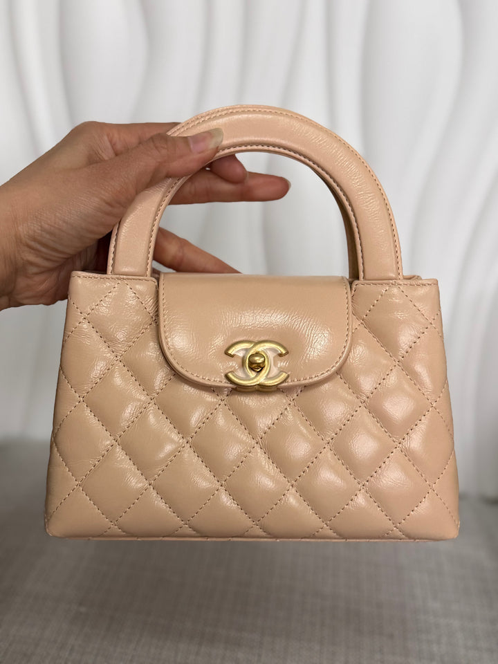 CHANEL 25C Powder Beige Calf Skin aged GHW Kelly Nano Shopping Bag Size Small 19 cms