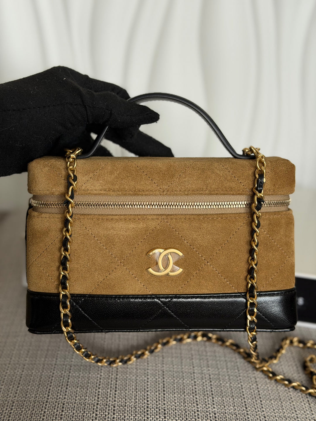 CHANEL 26S Beige Suede Black Calf skin aged GHW Long Vanity Case with Detachable Chain and top handle 2026