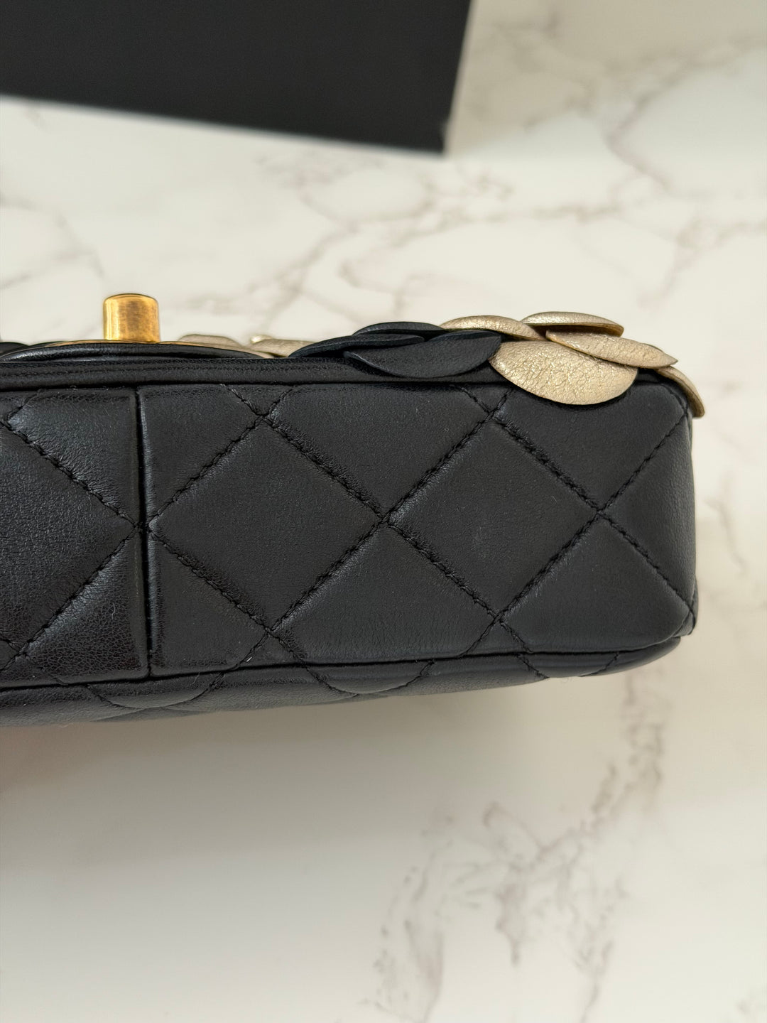 CHANEL series 21 Black Metallic Gold Camellia Flower Lambskin Mini Rectangular Flap Bag with Vintage GHW