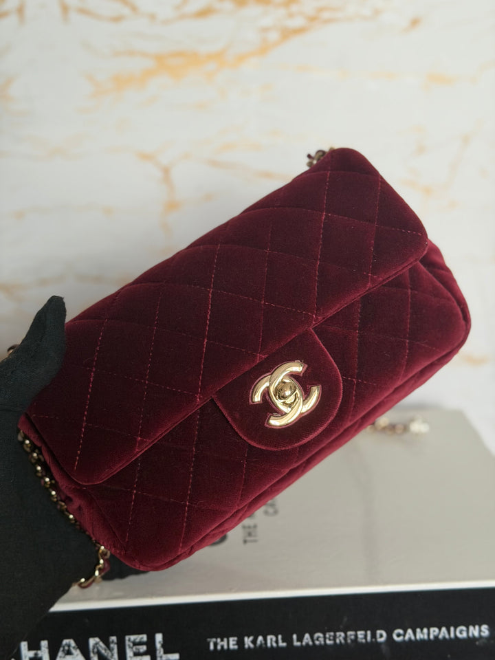 CHANEL series 31 Burgundy Dark Red Velvet Crystal Pearl Crush Adjustable Strap Mini Rectangular Flap Bag 2020/2021