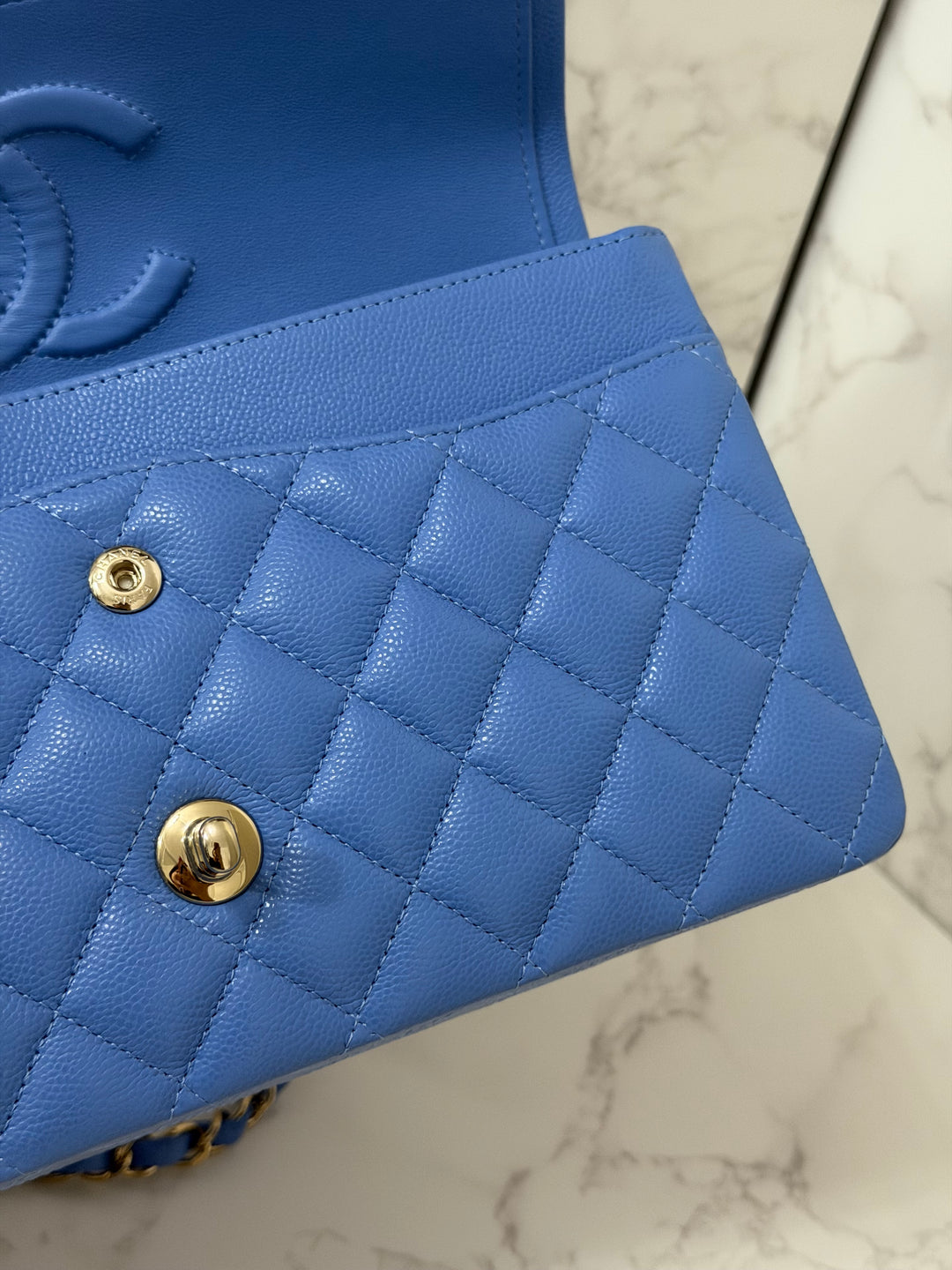 CHANEL 25C 2025 Periwinkle Blue Caviar LGHW Medium ML Timeless Classic Double Flap Bag