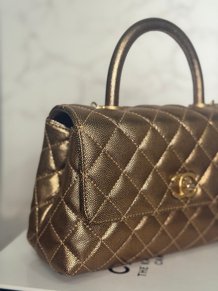 CHANEL series 28 19A Metallic Bronze Gold Caviar Aged GHW Coco Handle Flap Bag size SMALL with detachable shoulder strap 2019